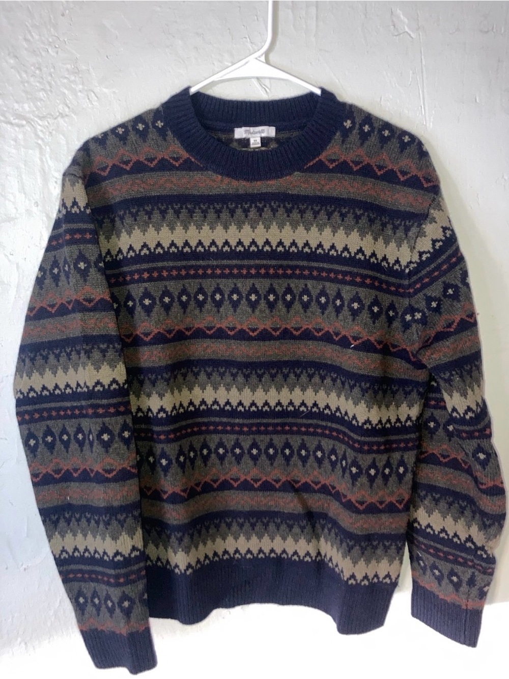 Madewell Fair Isle Crewneck Sweater in Navy, Olive & Rust